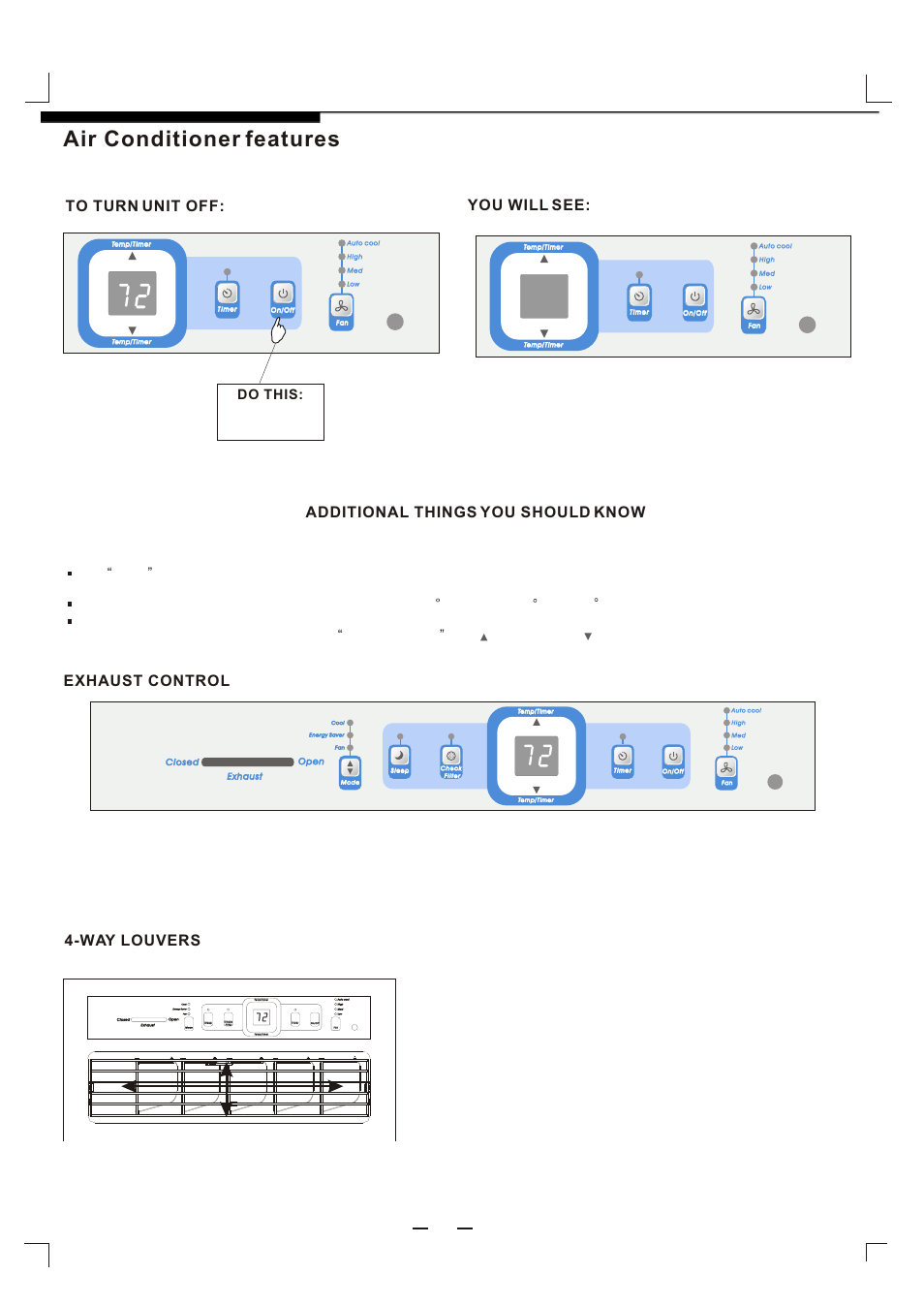 Т³гж 9, Air conditioner features, Continued) | Additional things you should know, Exhaust control, Way louvers, You will see, Do this: press on/ off button | FRIGIDAIRE 819042059-01 User Manual | Page 9 / 11
