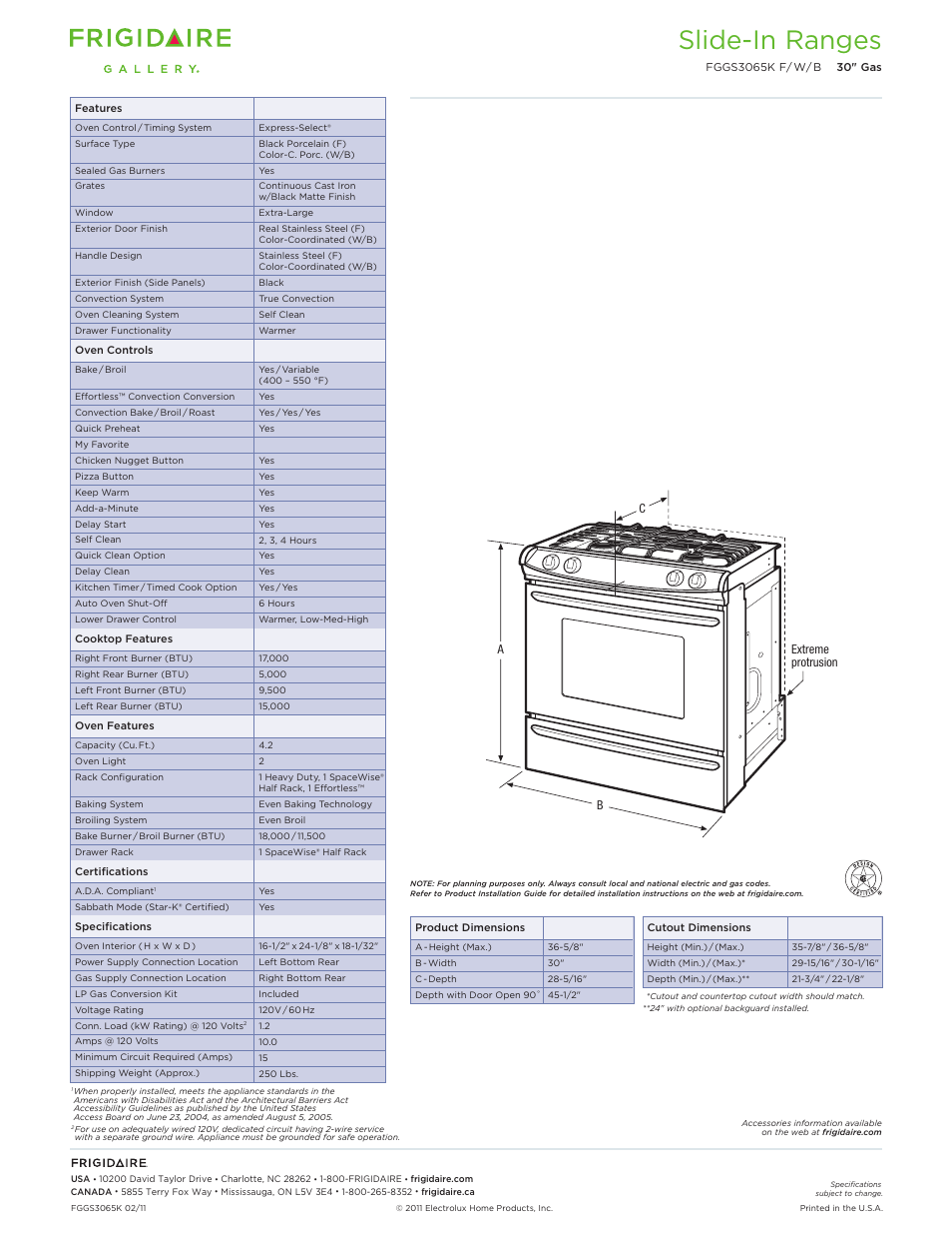 Slide-in gas ranges frigidaire baseline, Slide-in ranges | FRIGIDAIRE SLIDE-IN RANGES FGGS3065K User Manual | Page 2 / 5
