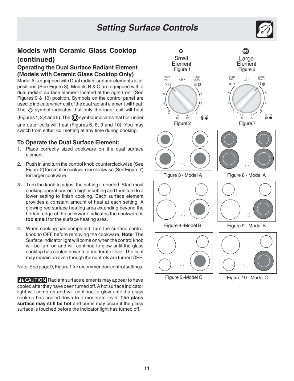 Setting surface controls, Models with ceramic glass cooktop (continued), Large element | Small element | FRIGIDAIRE 318203821 User Manual | Page 11 / 28