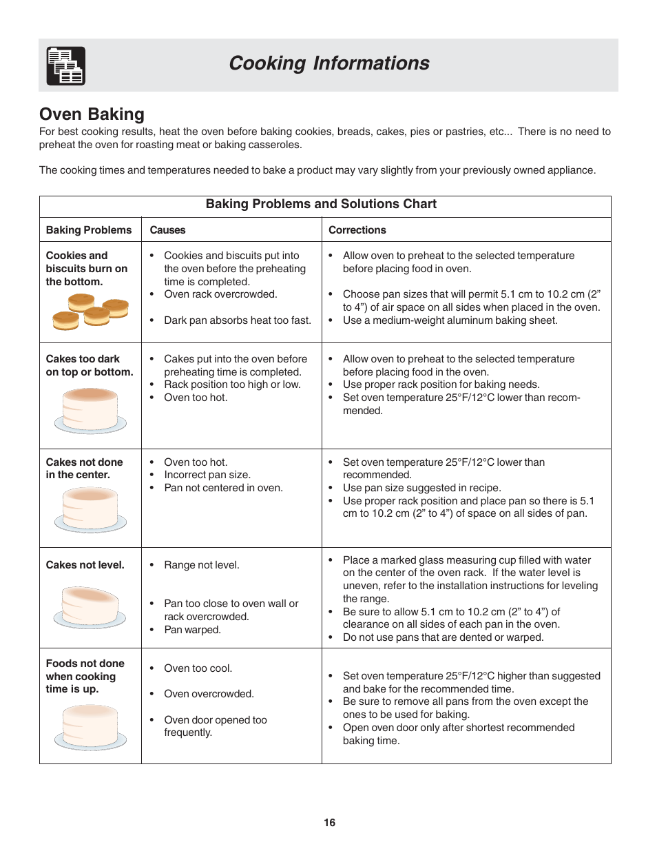 Cooking informations, Oven baking | FRIGIDAIRE 318203821 User Manual | Page 16 / 28