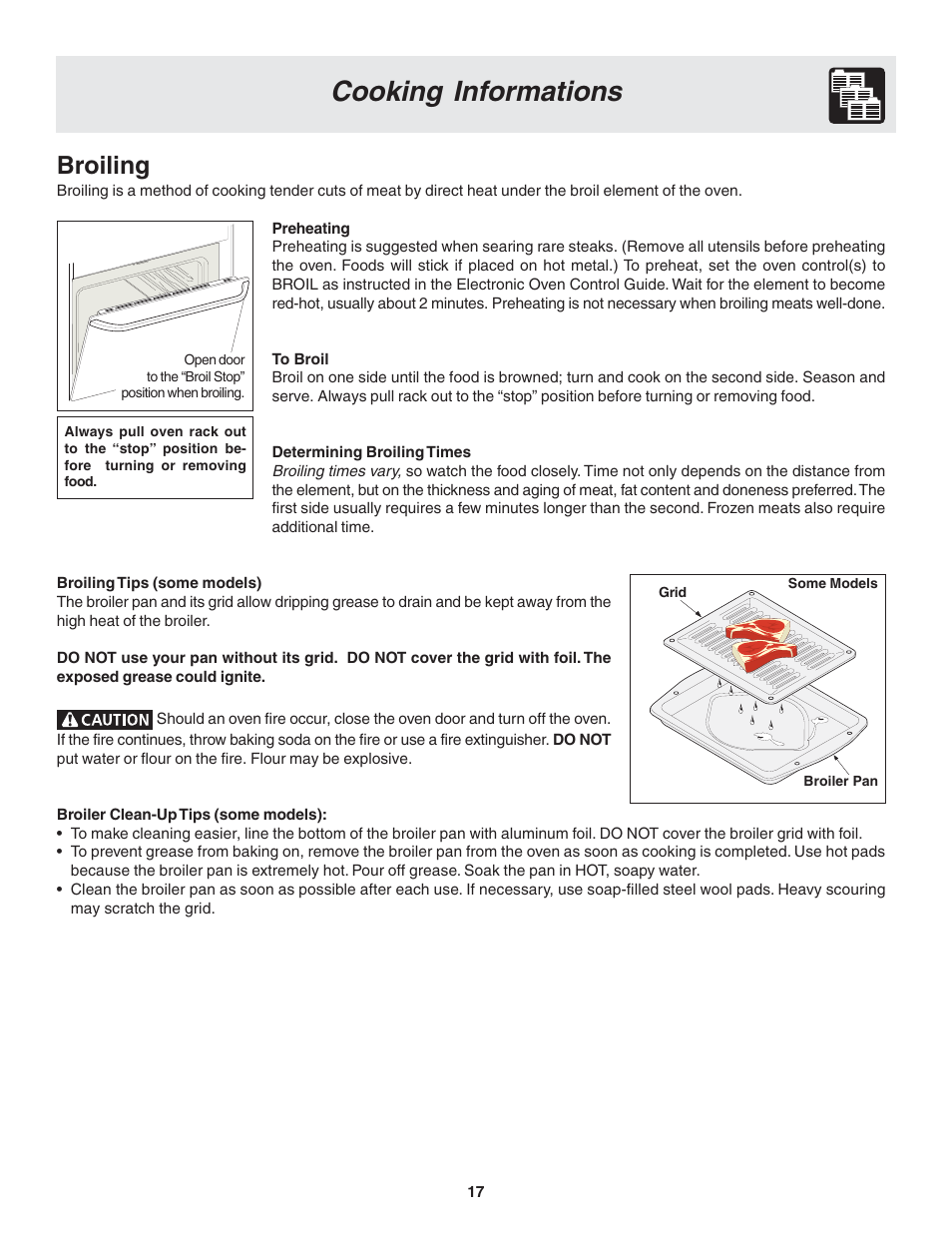 Cooking informations, Broiling | FRIGIDAIRE 318203821 User Manual | Page 17 / 28