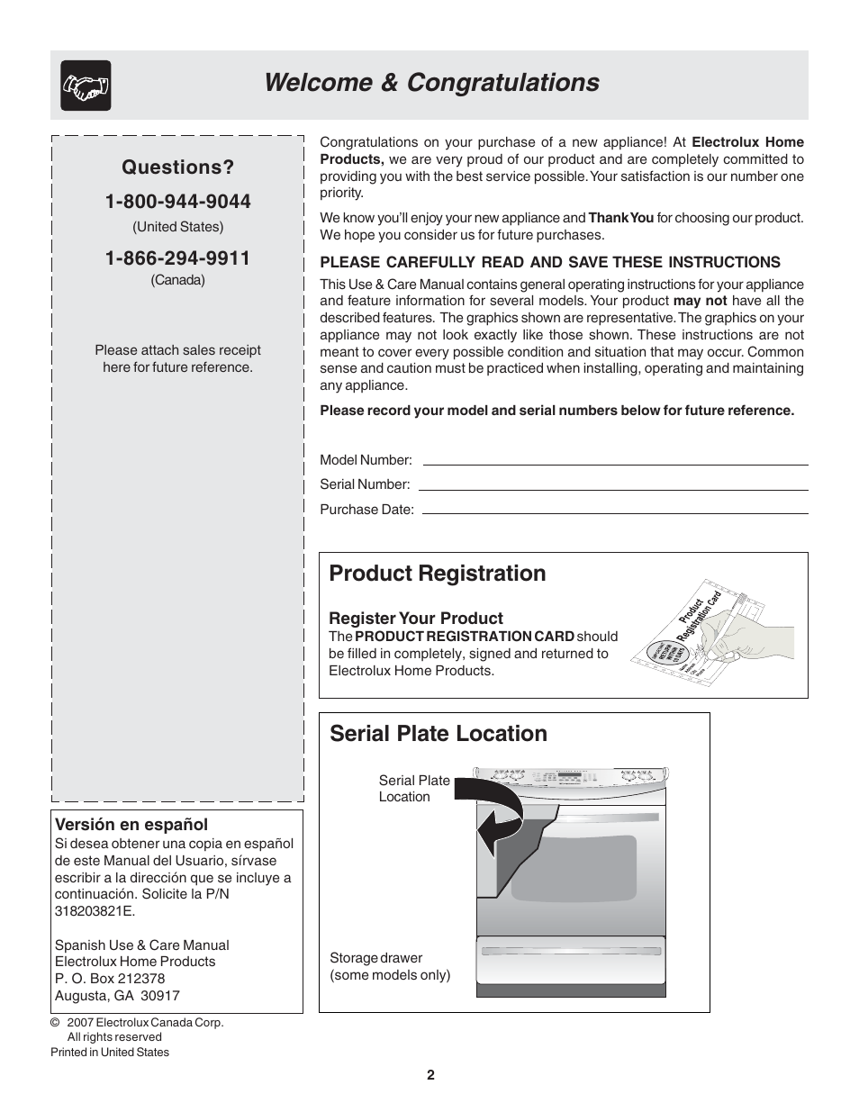 Product registration, Serial plate location | FRIGIDAIRE 318203821 User Manual | Page 2 / 28