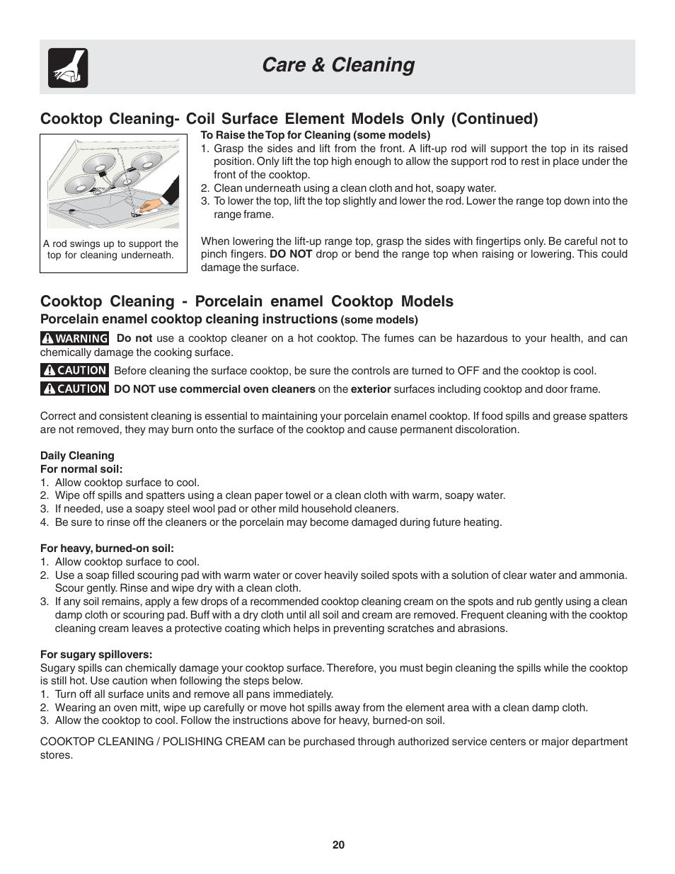 Care & cleaning, Cooktop cleaning - porcelain enamel cooktop models, Porcelain enamel cooktop cleaning instructions | FRIGIDAIRE 318203821 User Manual | Page 20 / 28