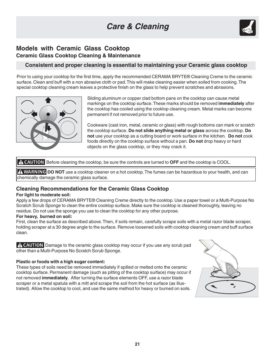 Care & cleaning, Models with ceramic glass cooktop | FRIGIDAIRE 318203821 User Manual | Page 21 / 28