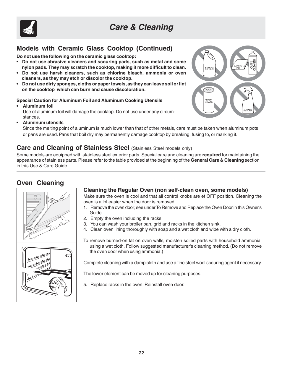 Care & cleaning, Oven cleaning, Care and cleaning of stainless steel | Models with ceramic glass cooktop (continued) | FRIGIDAIRE 318203821 User Manual | Page 22 / 28