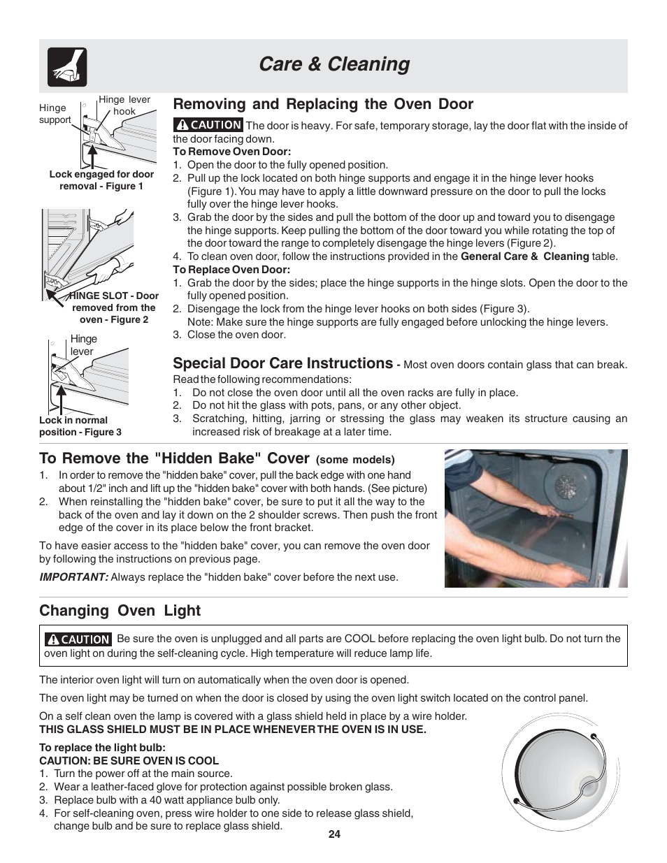 Care & cleaning, Changing oven light, Removing and replacing the oven door | Special door care instructions | FRIGIDAIRE 318203821 User Manual | Page 24 / 28