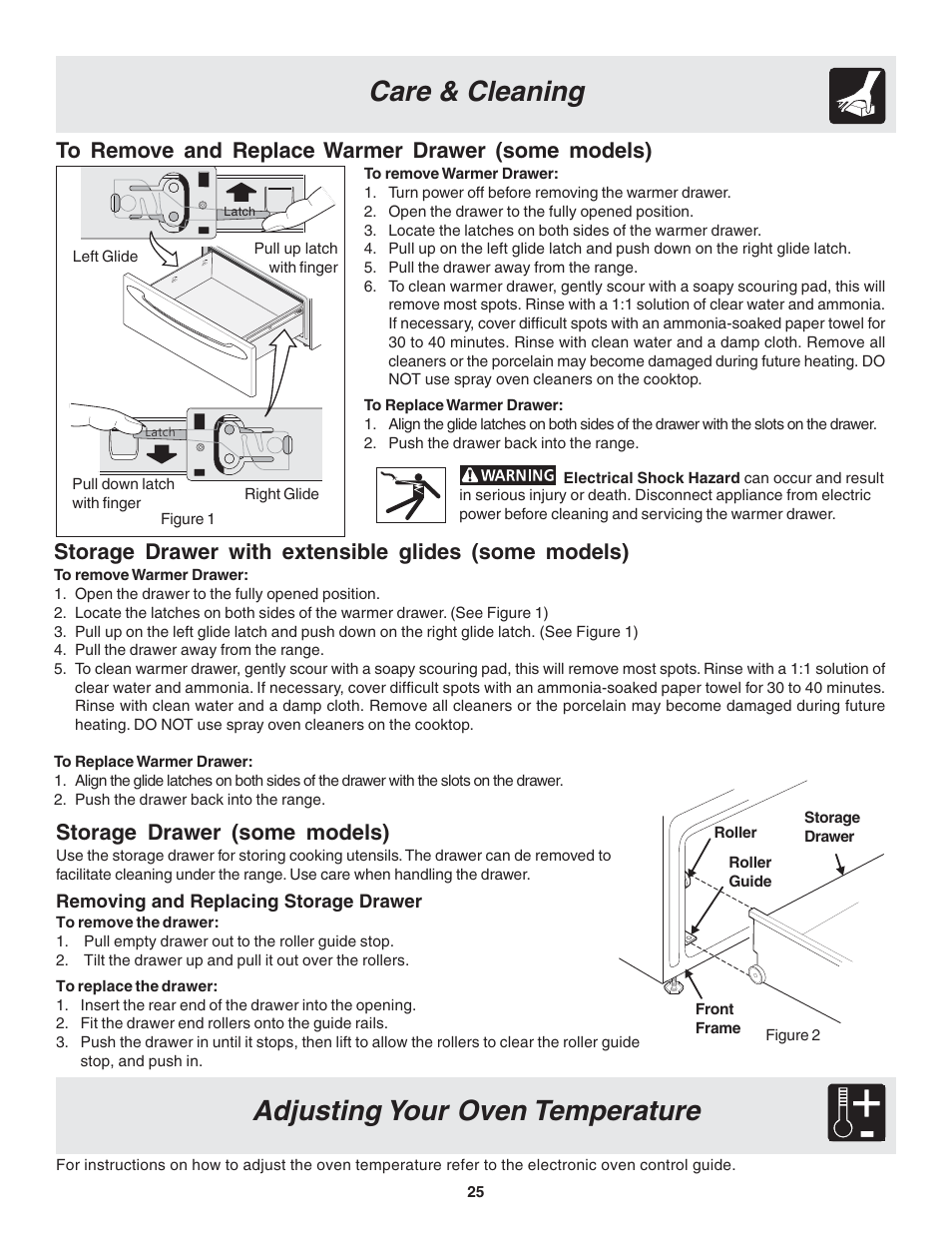 Adjusting your oven temperature, Care & cleaning, Storage drawer (some models) | FRIGIDAIRE 318203821 User Manual | Page 25 / 28