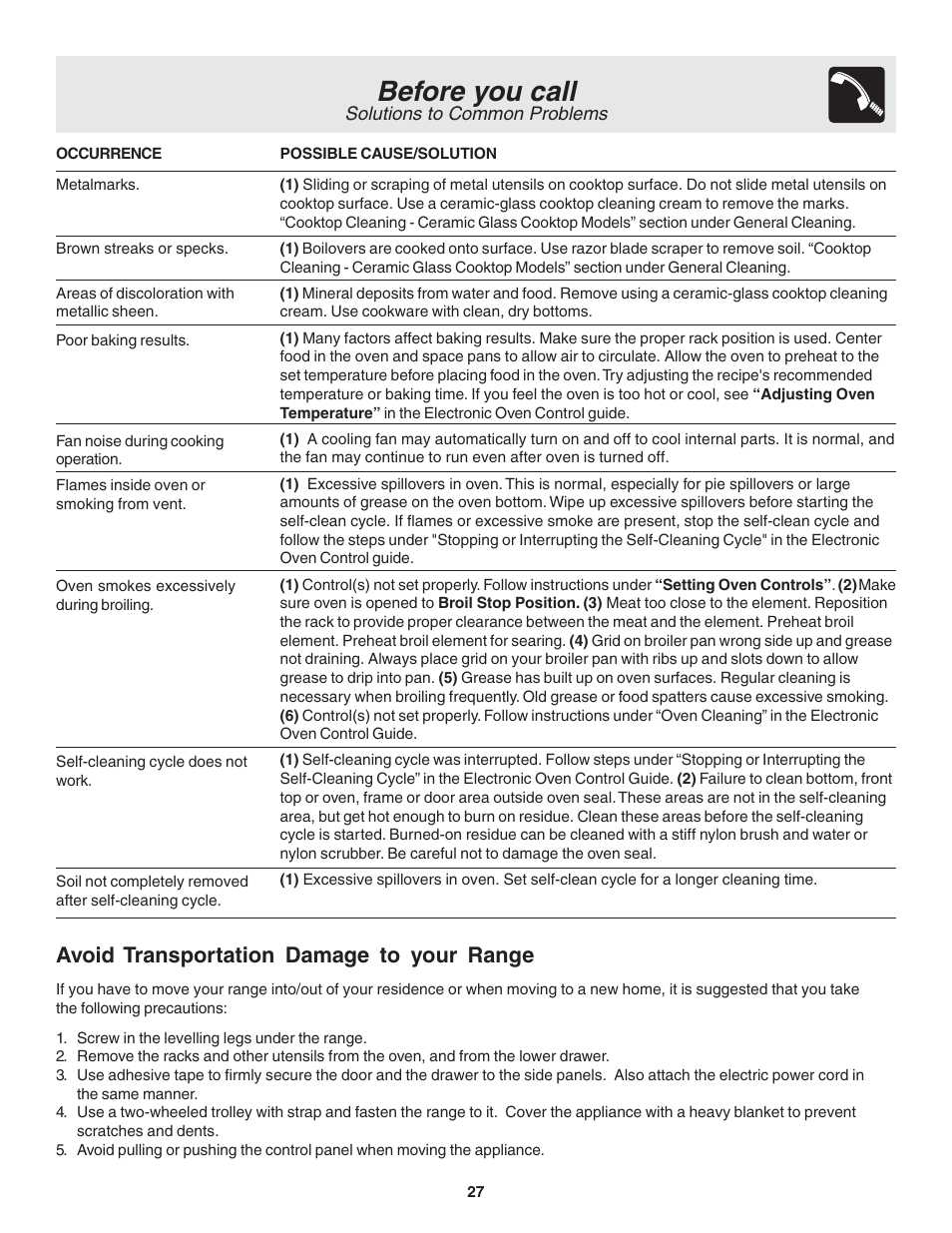 Before you call, Avoid transportation damage to your range, Solutions to common problems | FRIGIDAIRE 318203821 User Manual | Page 27 / 28