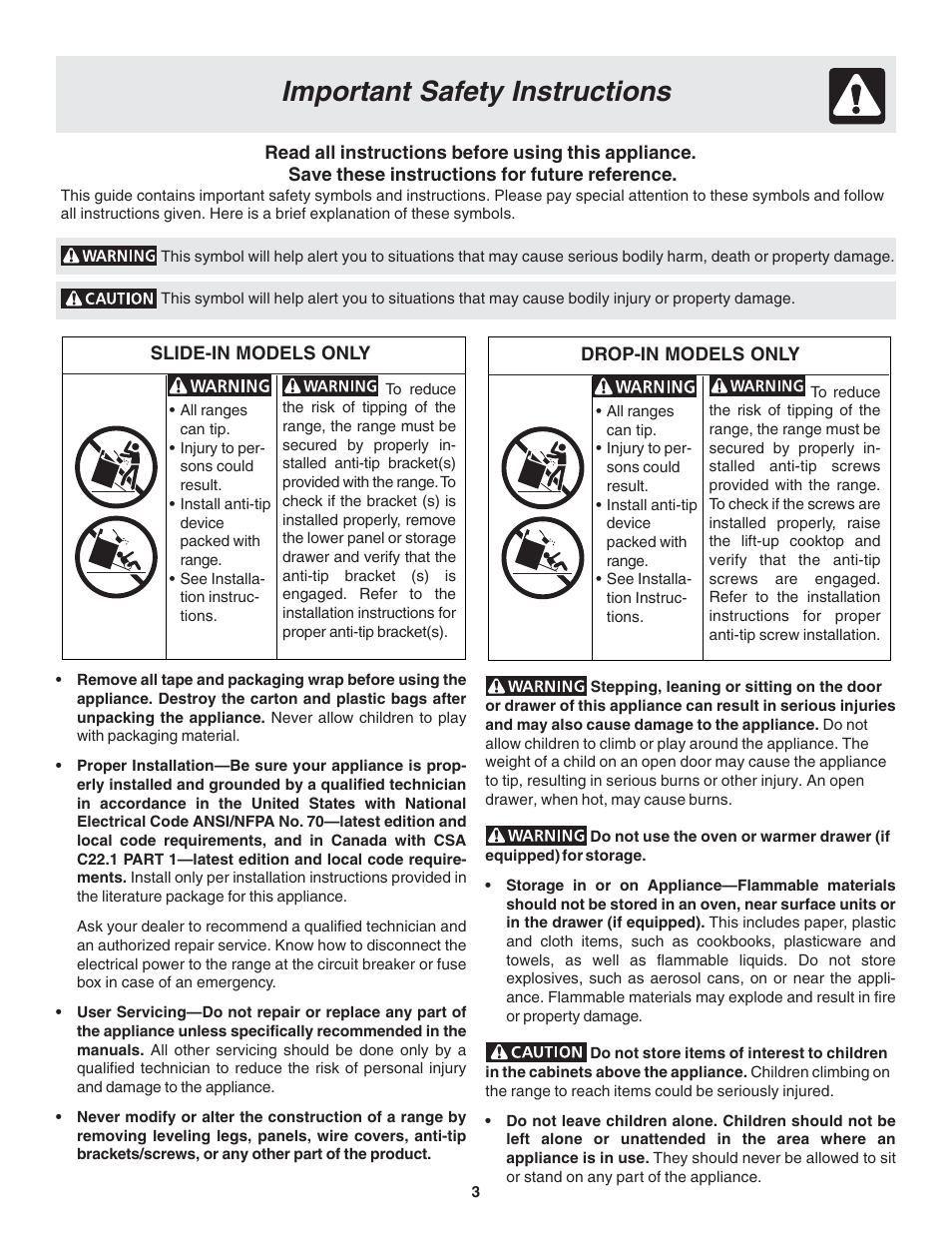 Important safety instructions | FRIGIDAIRE 318203821 User Manual | Page 3 / 28