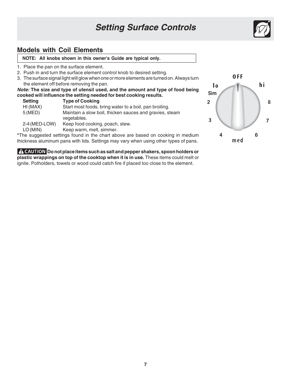 Setting surface controls, Models with coil elements | FRIGIDAIRE 318203821 User Manual | Page 7 / 28