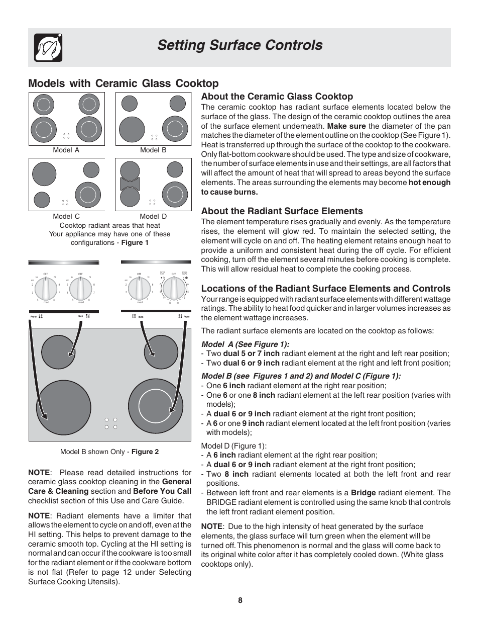 Setting surface controls, Models with ceramic glass cooktop, About the ceramic glass cooktop | About the radiant surface elements, Model b shown only - figure 2, Model a model b | FRIGIDAIRE 318203821 User Manual | Page 8 / 28