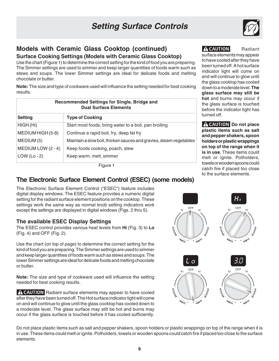 Setting surface controls, Models with ceramic glass cooktop (continued), The available esec display settings | FRIGIDAIRE 318203821 User Manual | Page 9 / 28