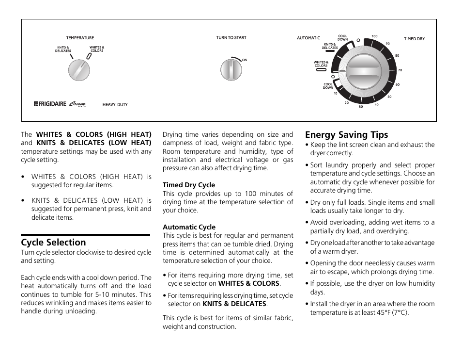 Energy saving tips, Cycle selection | FRIGIDAIRE FDGB34RG User Manual | Page 2 / 2