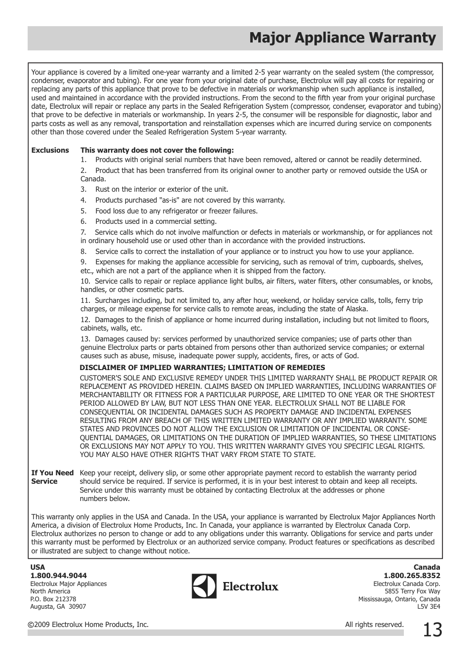 Major appliance warranty | FRIGIDAIRE 2020252A0673 User Manual | Page 13 / 13