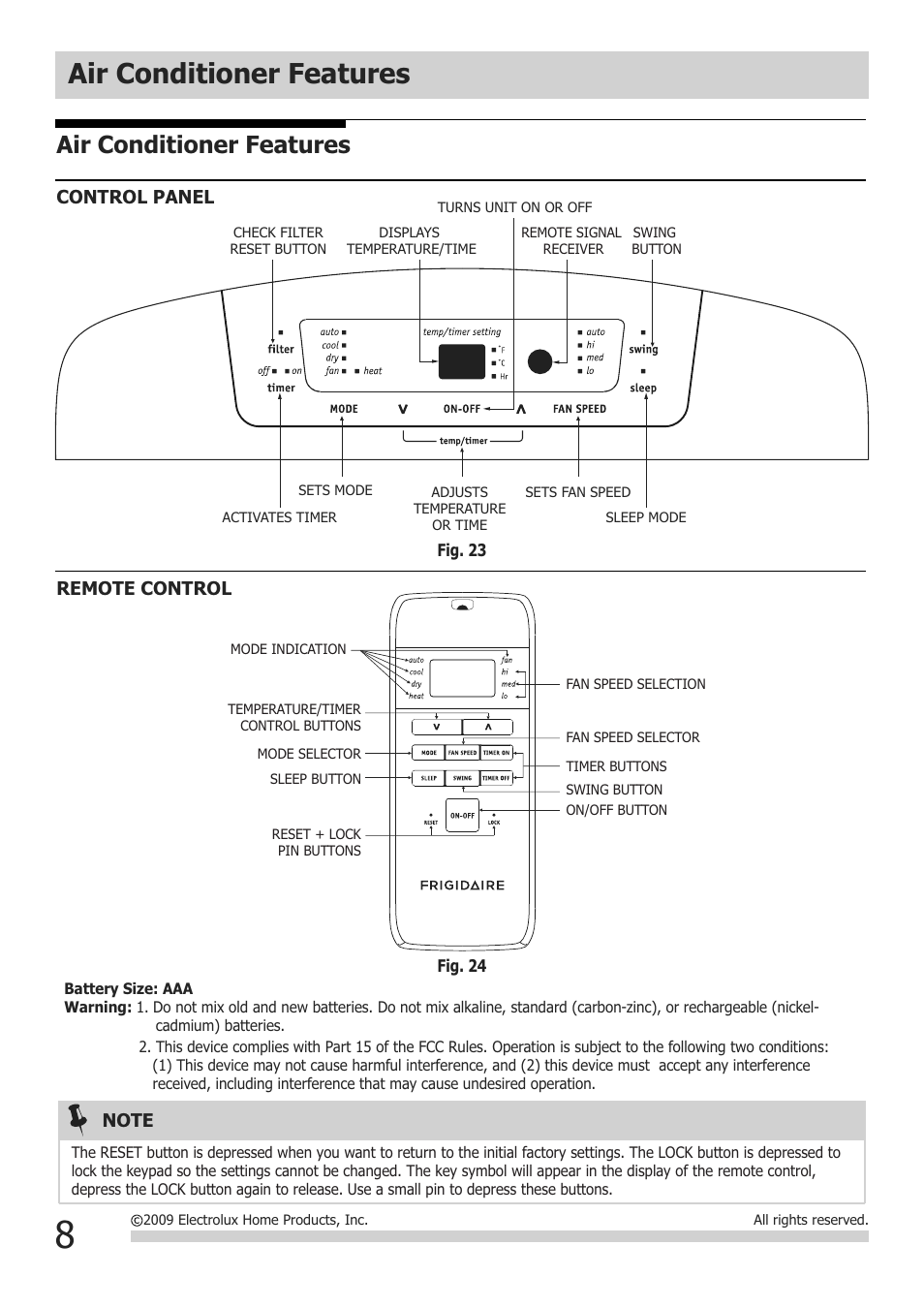 Air conditioner features | FRIGIDAIRE 2020252A0673 User Manual | Page 8 / 13