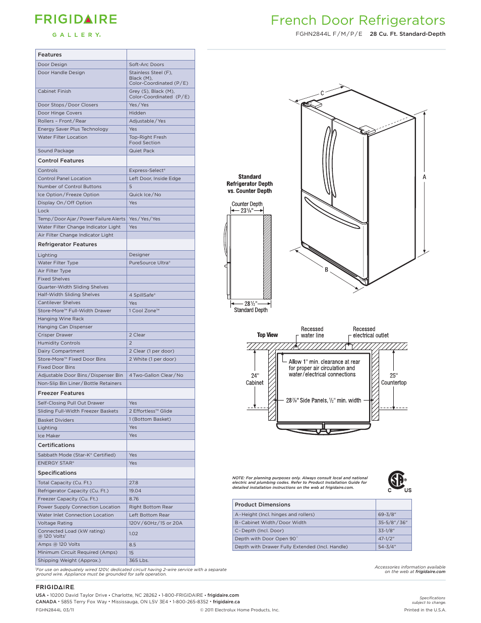 French door refrigerators | FRIGIDAIRE FGHN2844M User Manual | Page 2 / 3