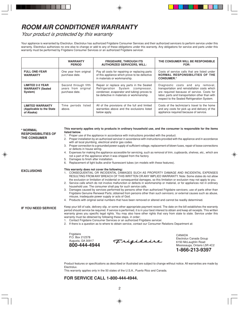 Room air conditioner warranty, Your product is protected by this warranty | FRIGIDAIRE 220219A255 User Manual | Page 2 / 12