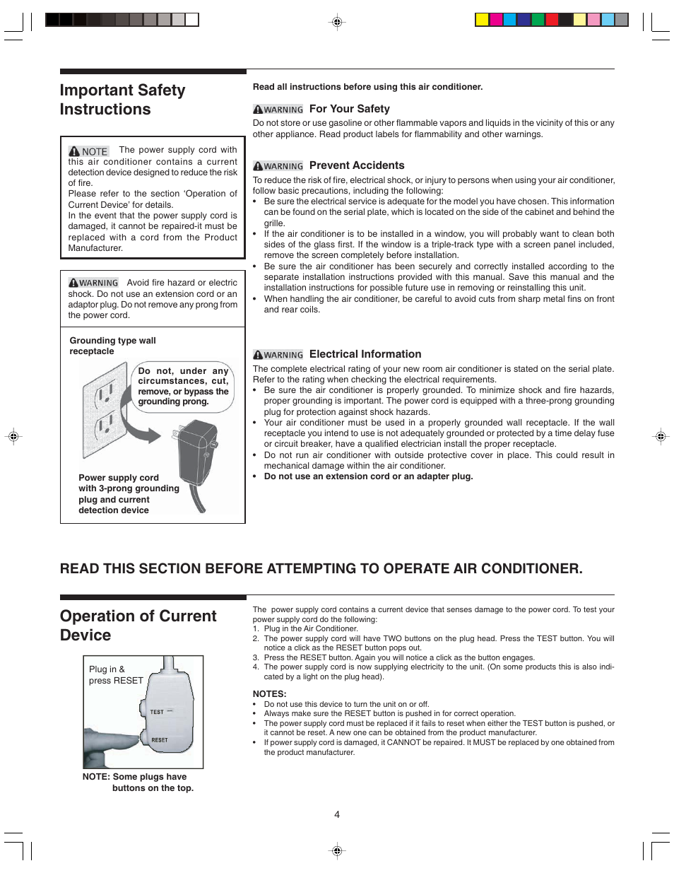 Important safety instructions, Operation of current device | FRIGIDAIRE 220219A255 User Manual | Page 4 / 12
