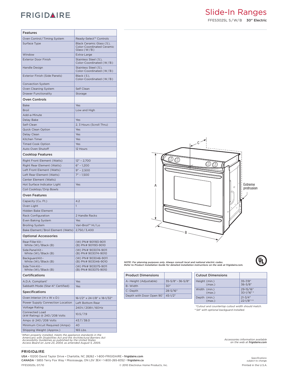 Slide-in electric ranges frigidaire baseline, Slide-in ranges | FRIGIDAIRE FFES3025L User Manual | Page 2 / 2