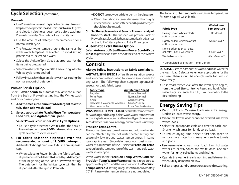 Controls, Cycle selection, Energy saving tips | FRIGIDAIRE 1341085500 User Manual | Page 2 / 2