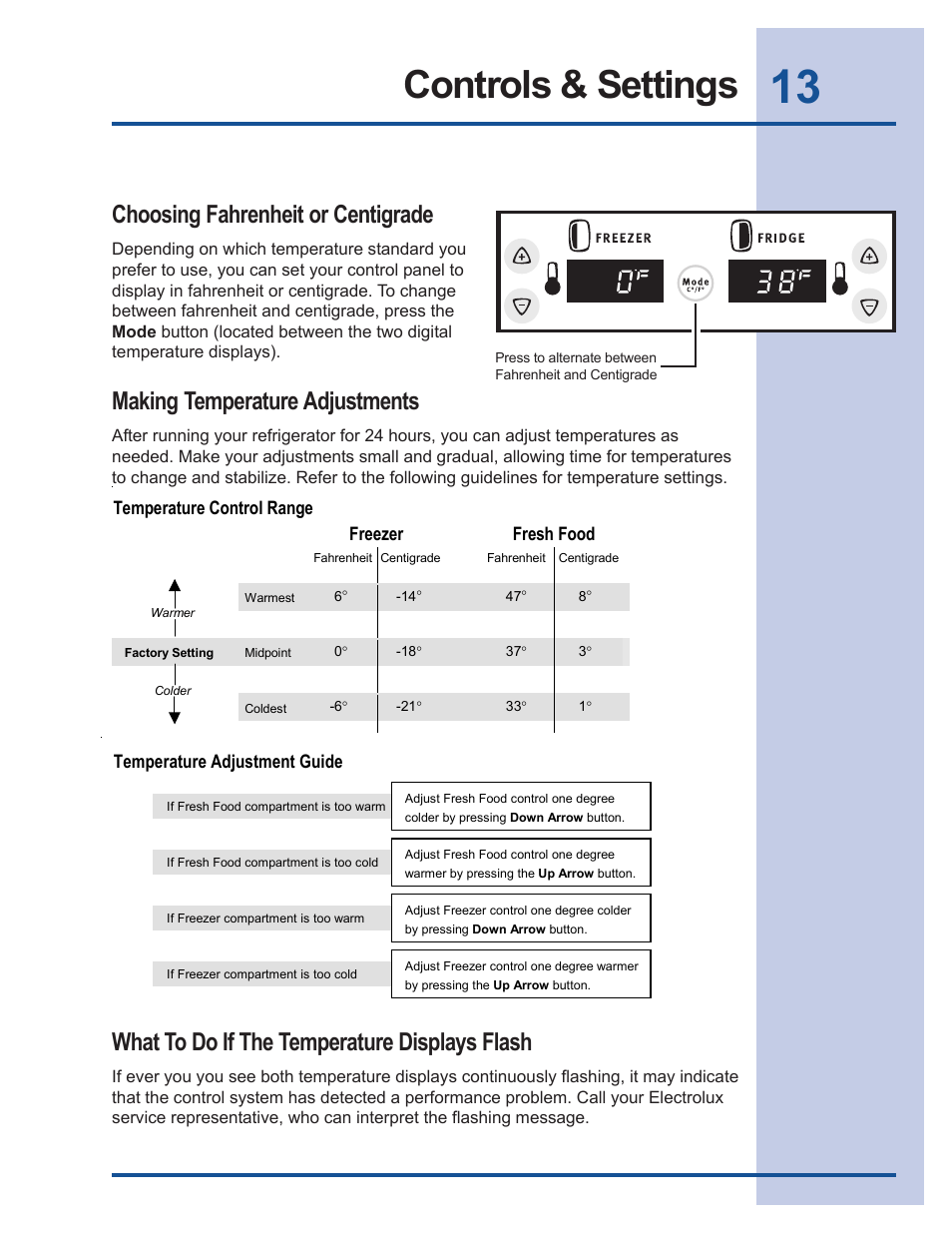 Controls & settings, Choosing fahrenheit or centigrade, Making temperature adjustments | What to do if the temperature displays flash, Temperature control range freezer fresh food, Temperature adjustment guide | FRIGIDAIRE 241540101 User Manual | Page 13 / 40