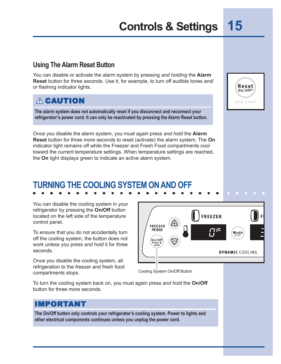 Controls & settings, Turning the cooling system on and off | FRIGIDAIRE 241540101 User Manual | Page 15 / 40