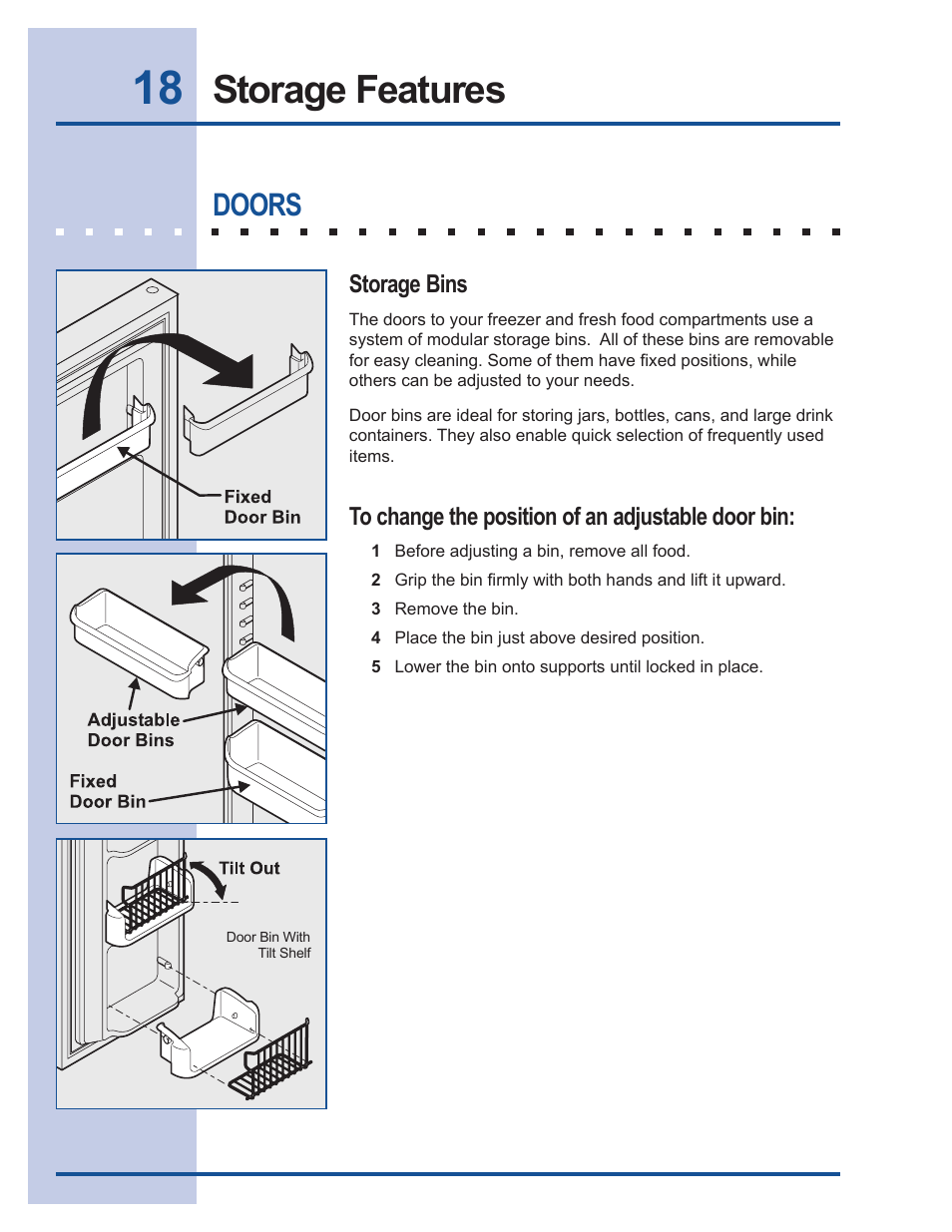 Storage features, Doors | FRIGIDAIRE 241540101 User Manual | Page 18 / 40