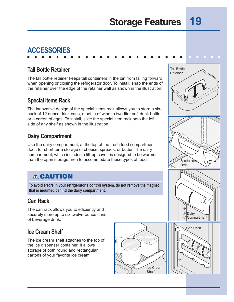 Storage features, Accessories | FRIGIDAIRE 241540101 User Manual | Page 19 / 40