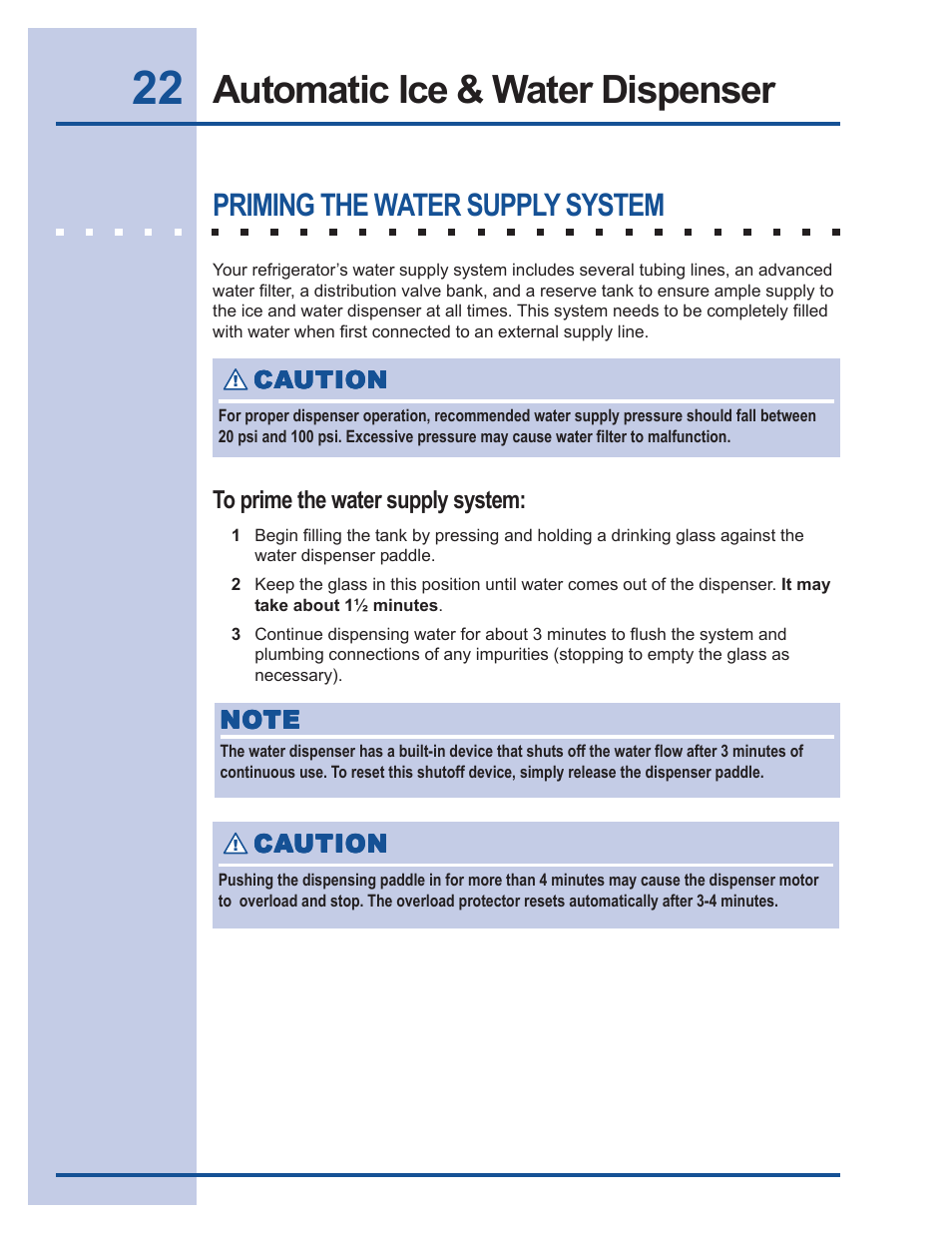 Automatic ice & water dispenser, Priming the water supply system | FRIGIDAIRE 241540101 User Manual | Page 22 / 40
