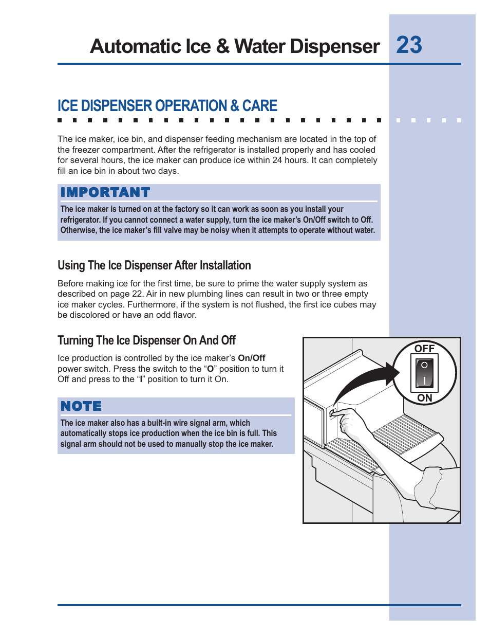 Automatic ice & water dispenser, Ice dispenser operation & care | FRIGIDAIRE 241540101 User Manual | Page 23 / 40
