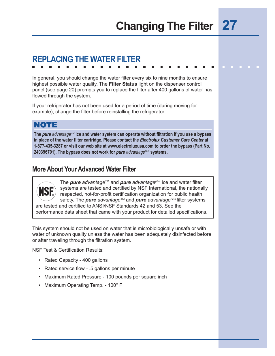 Changing the filter, Replacing the water filter, More about your advanced water filter | FRIGIDAIRE 241540101 User Manual | Page 27 / 40