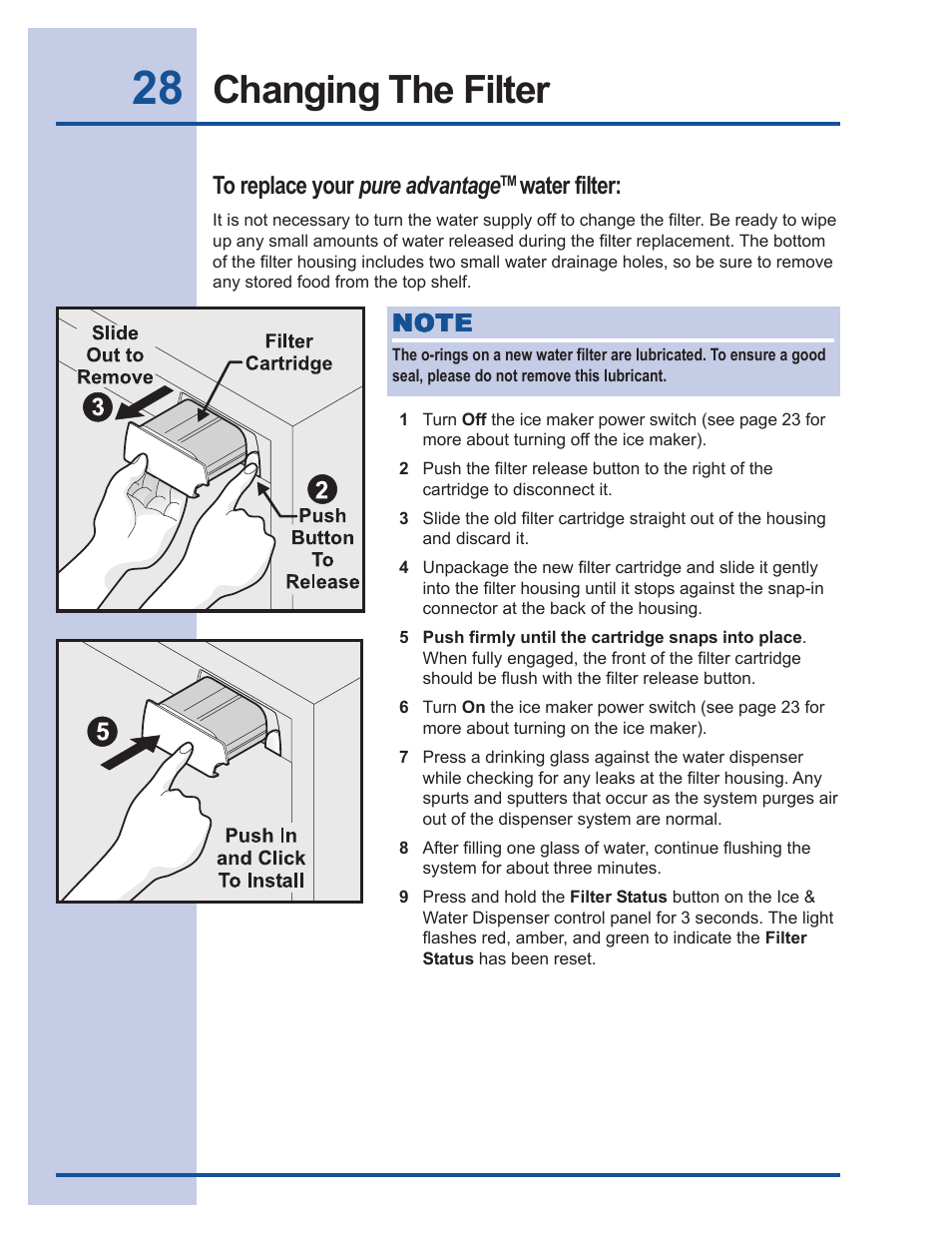 Changing the filter | FRIGIDAIRE 241540101 User Manual | Page 28 / 40