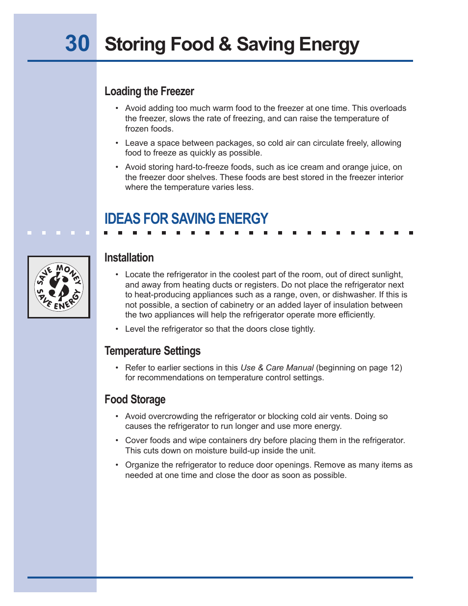 Storing food & saving energy, Ideas for saving energy | FRIGIDAIRE 241540101 User Manual | Page 30 / 40