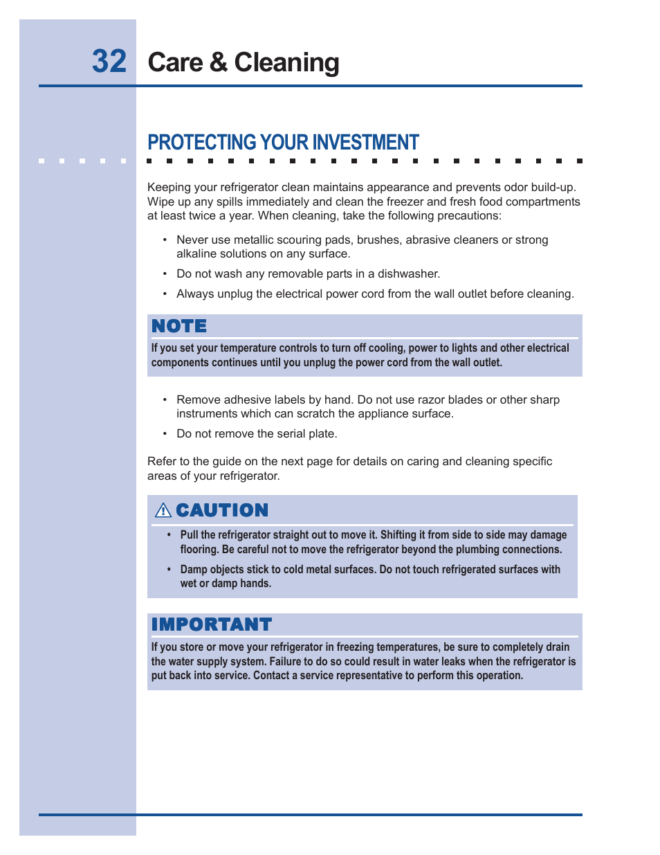 Care & cleaning, Protecting your investment | FRIGIDAIRE 241540101 User Manual | Page 32 / 40
