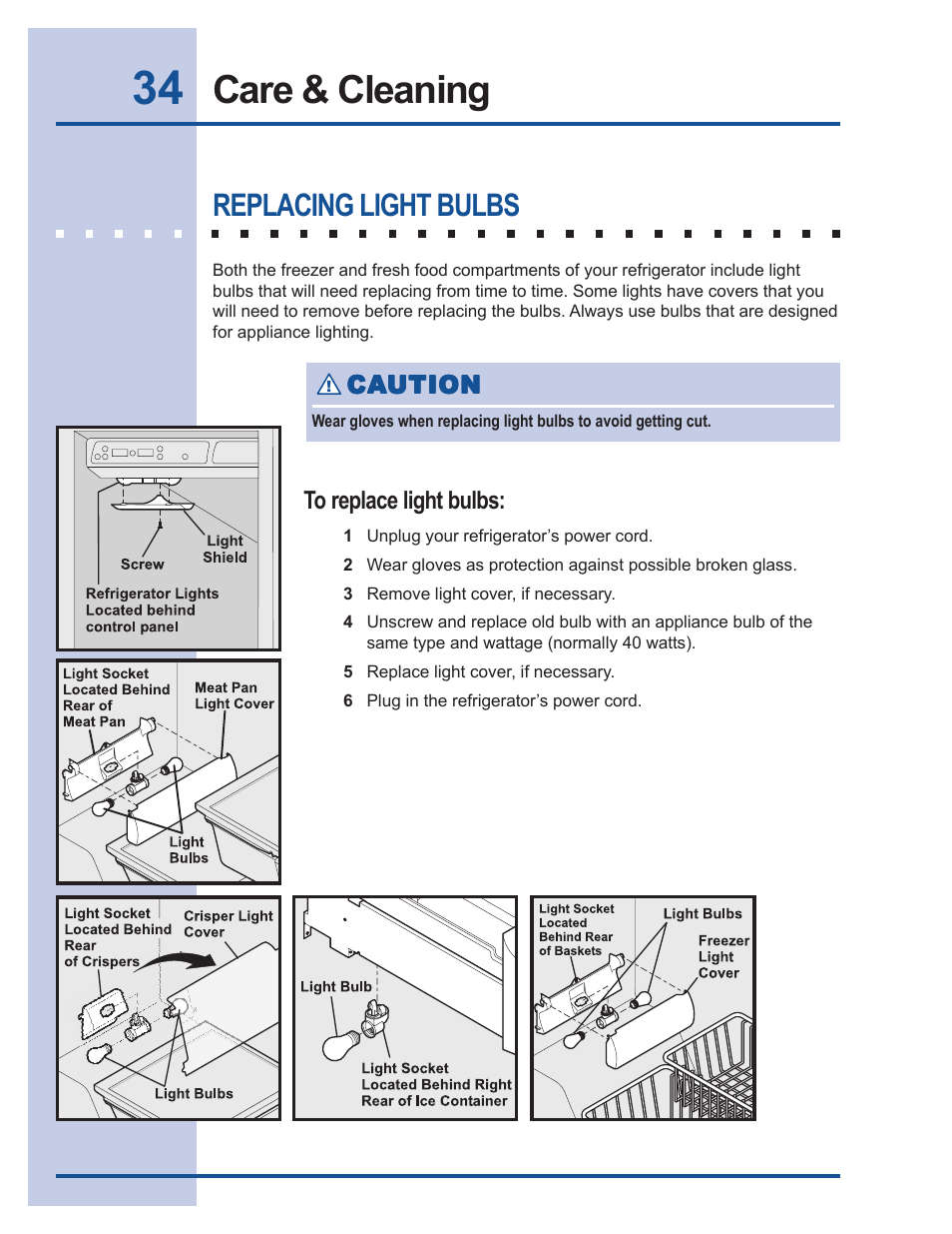 Care & cleaning, Replacing light bulbs | FRIGIDAIRE 241540101 User Manual | Page 34 / 40