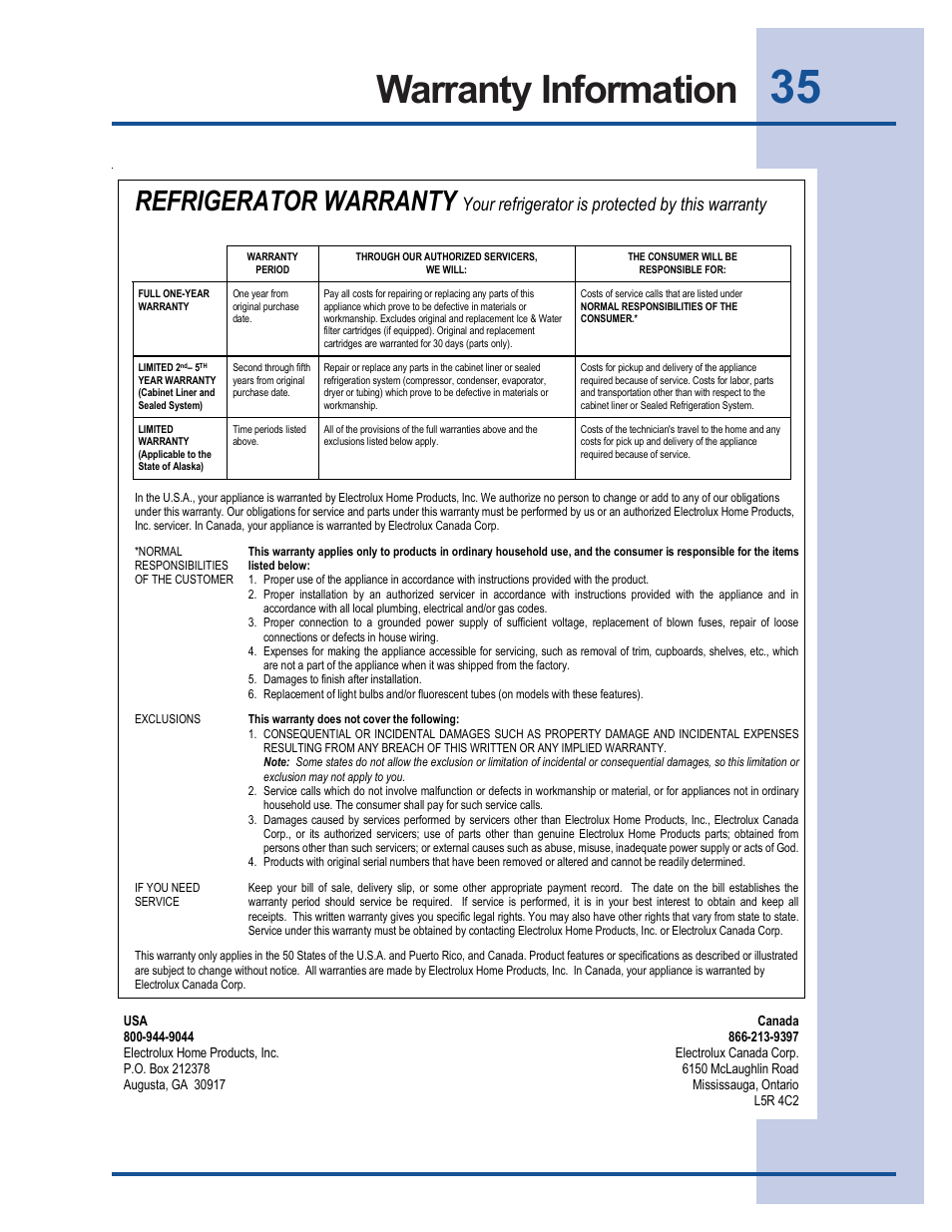 Warranty information, Refrigerator warranty, Your refrigerator is protected by this warranty | FRIGIDAIRE 241540101 User Manual | Page 35 / 40