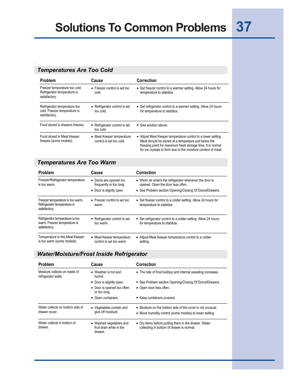 Solutions to common problems, Temperatures are too cold, Temperatures are too warm | Water/moisture/frost inside refrigerator, Problem cause correction | FRIGIDAIRE 241540101 User Manual | Page 37 / 40