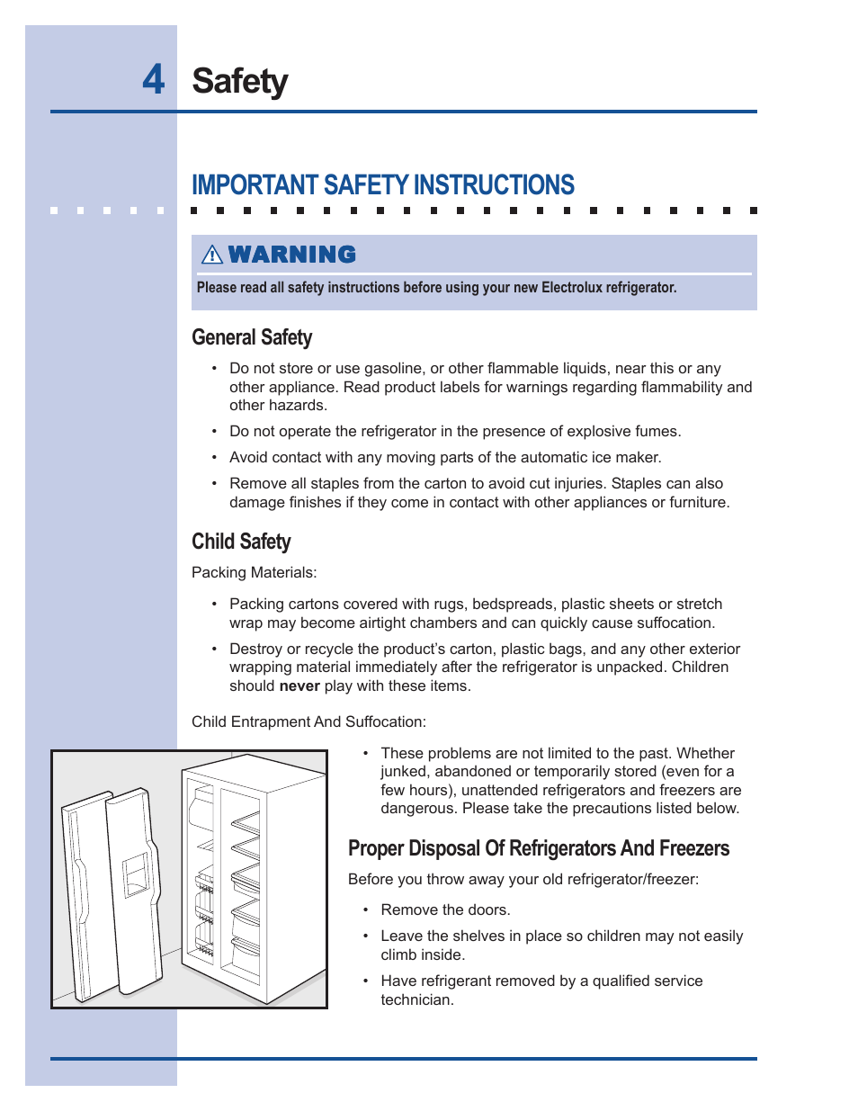 Safety, Important safety instructions | FRIGIDAIRE 241540101 User Manual | Page 4 / 40