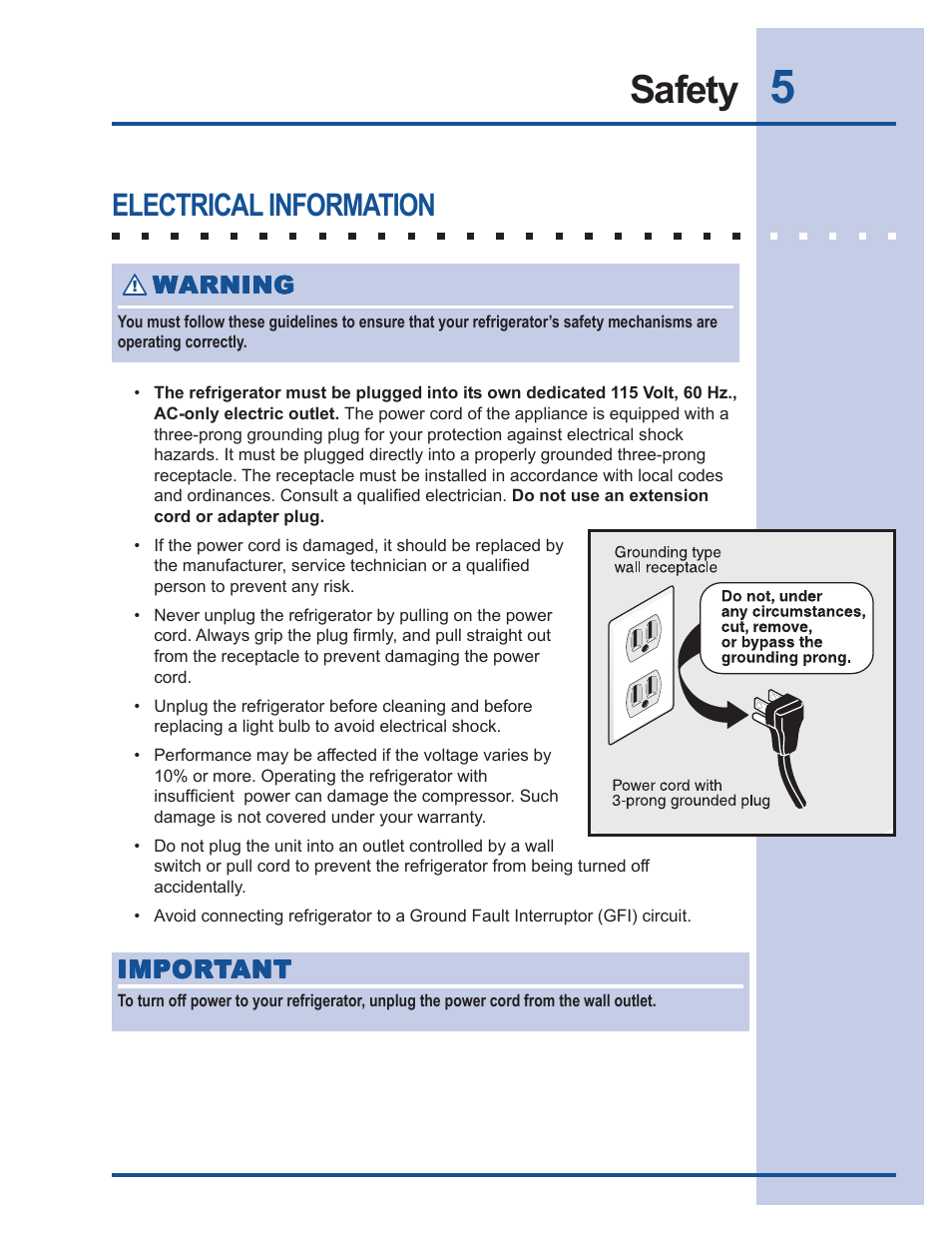 Safety, Electrical information | FRIGIDAIRE 241540101 User Manual | Page 5 / 40