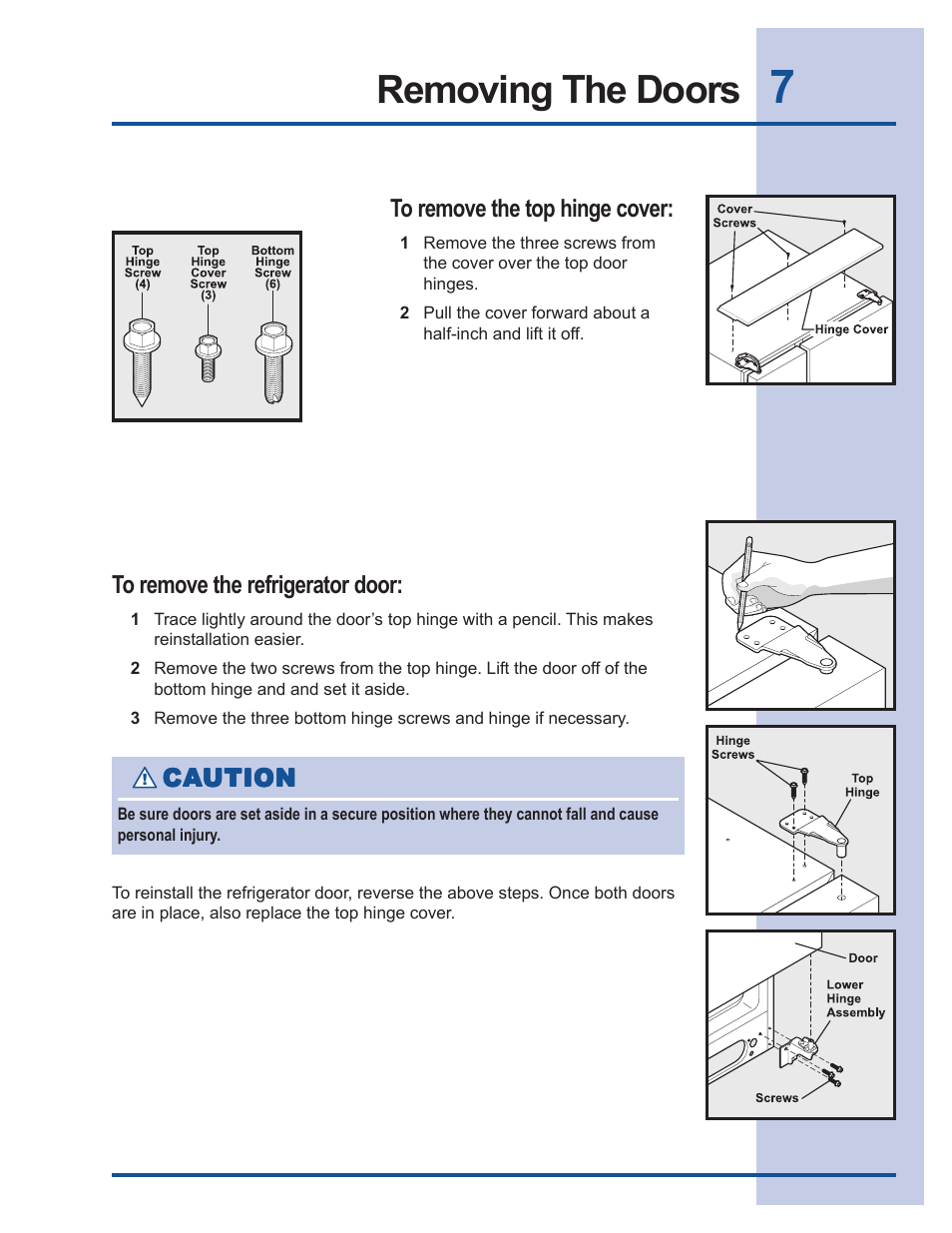 Removing the doors | FRIGIDAIRE 241540101 User Manual | Page 7 / 40