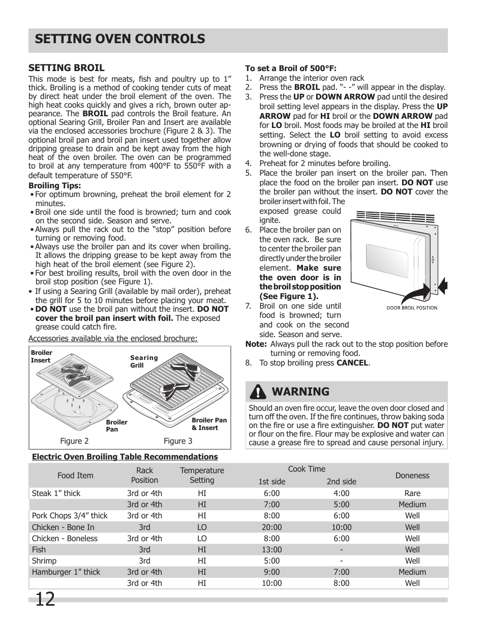 Setting oven controls, Warning | FRIGIDAIRE 318205325 User Manual | Page 12 / 22