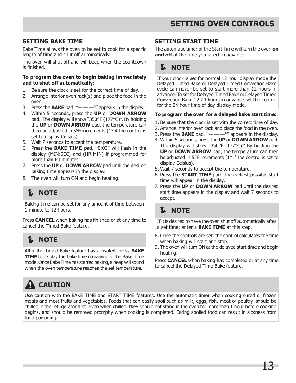 Setting oven controls, Caution | FRIGIDAIRE 318205325 User Manual | Page 13 / 22