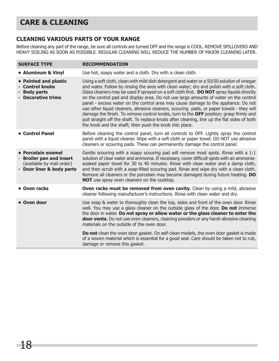 Care & cleaning | FRIGIDAIRE 318205325 User Manual | Page 18 / 22