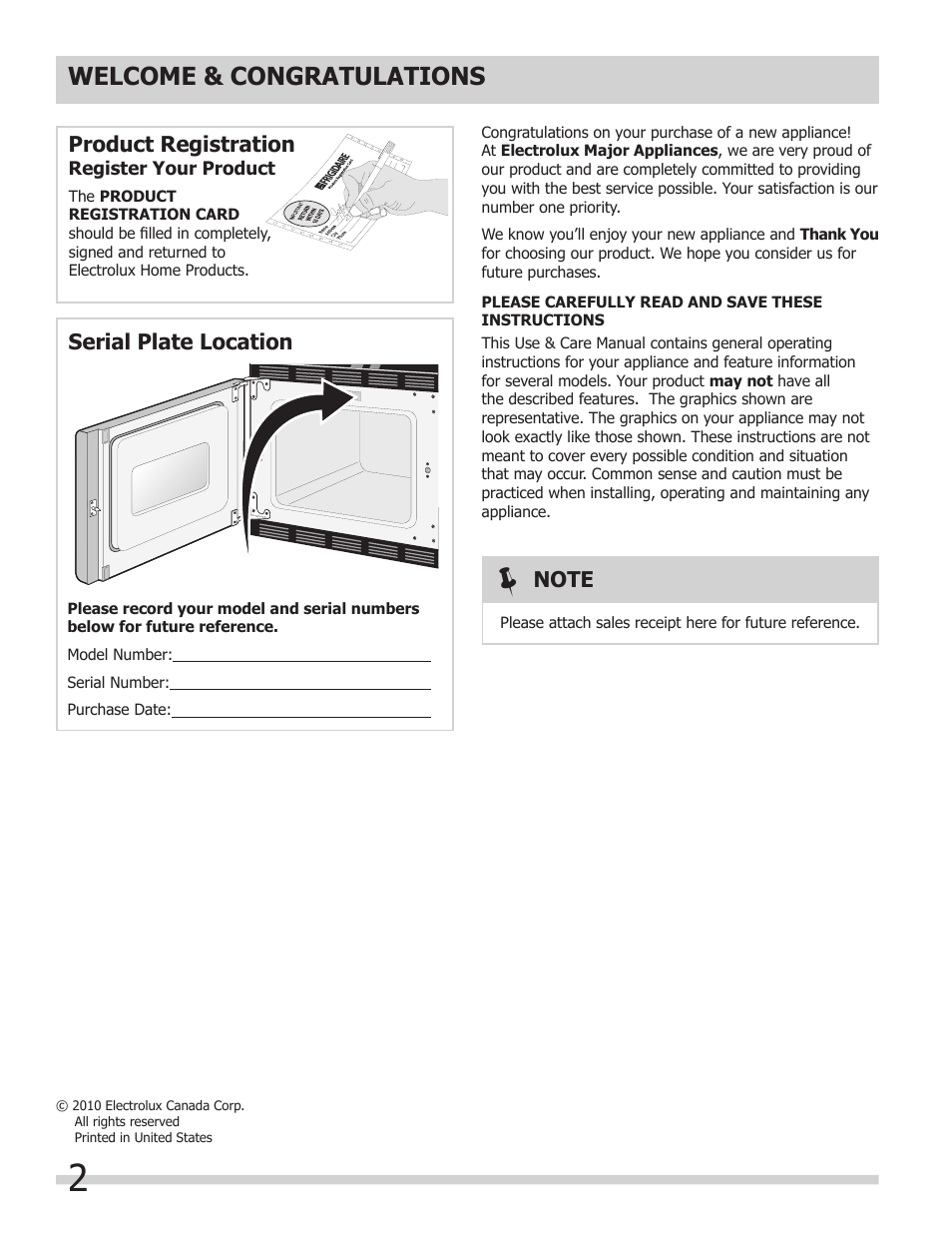 Product registration, Serial plate location | FRIGIDAIRE 318205325 User Manual | Page 2 / 22