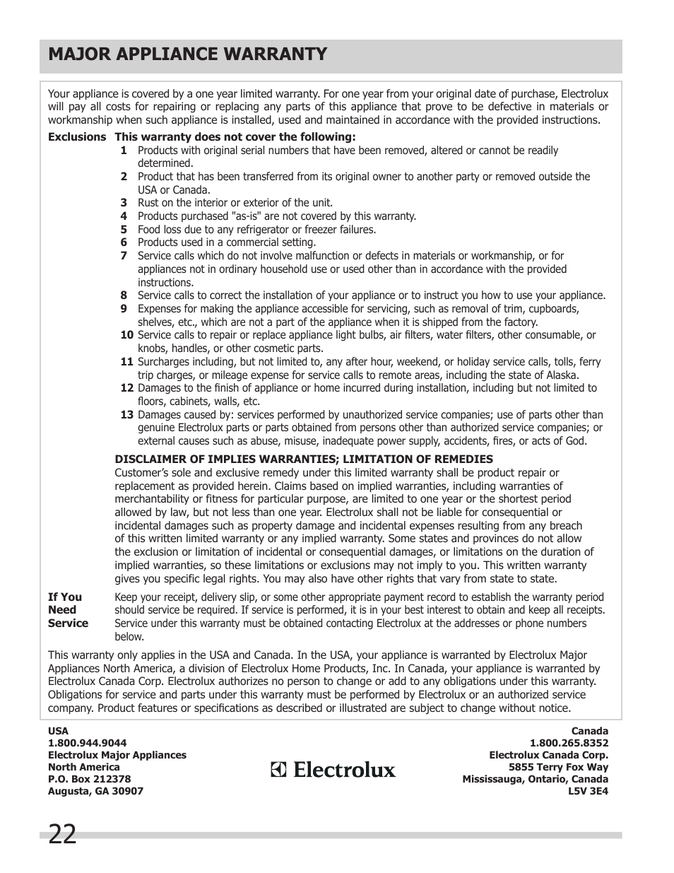 Major appliance warranty | FRIGIDAIRE 318205325 User Manual | Page 22 / 22