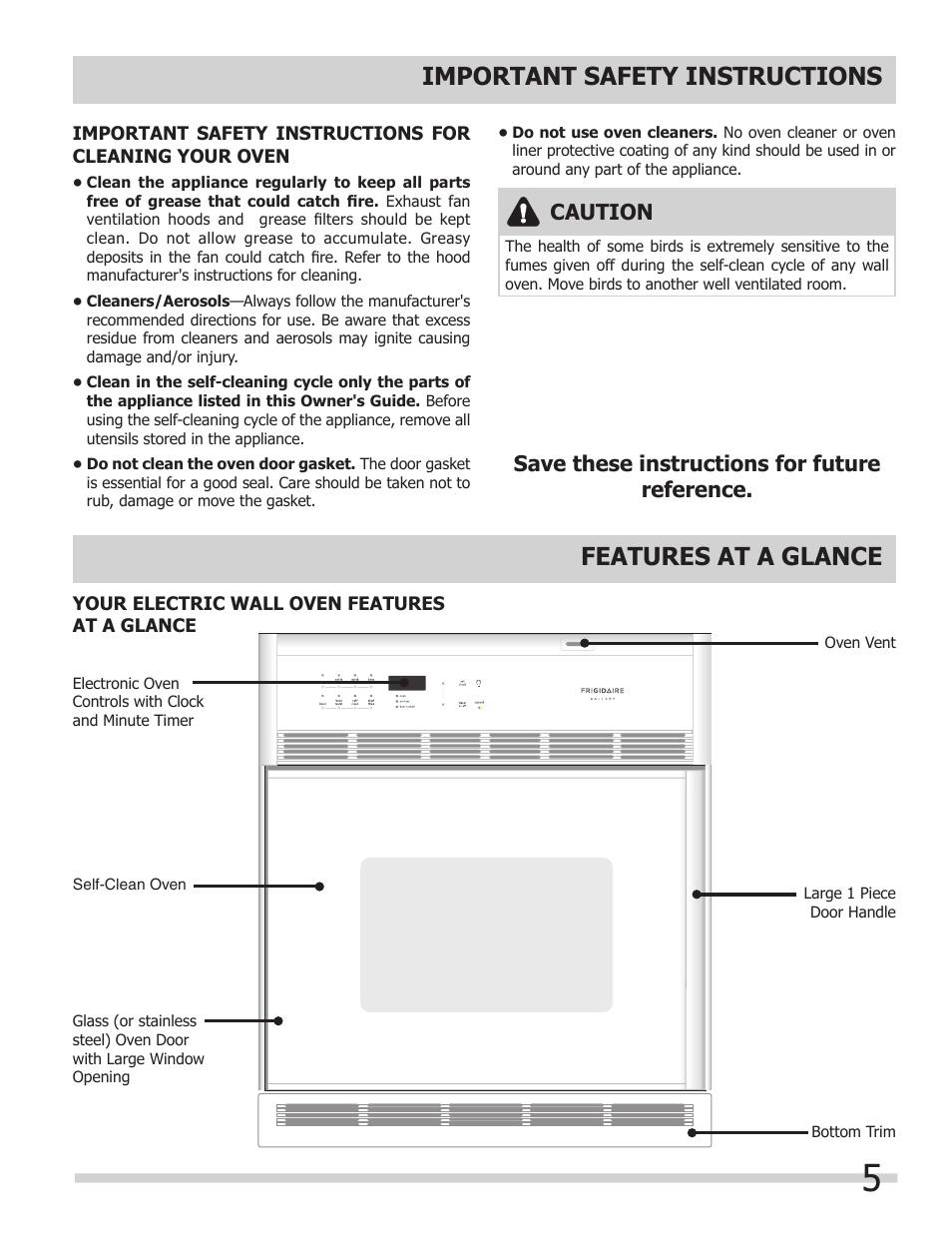 Important safety instructions features at a glance, Caution, Save these instructions for future reference | FRIGIDAIRE 318205325 User Manual | Page 5 / 22