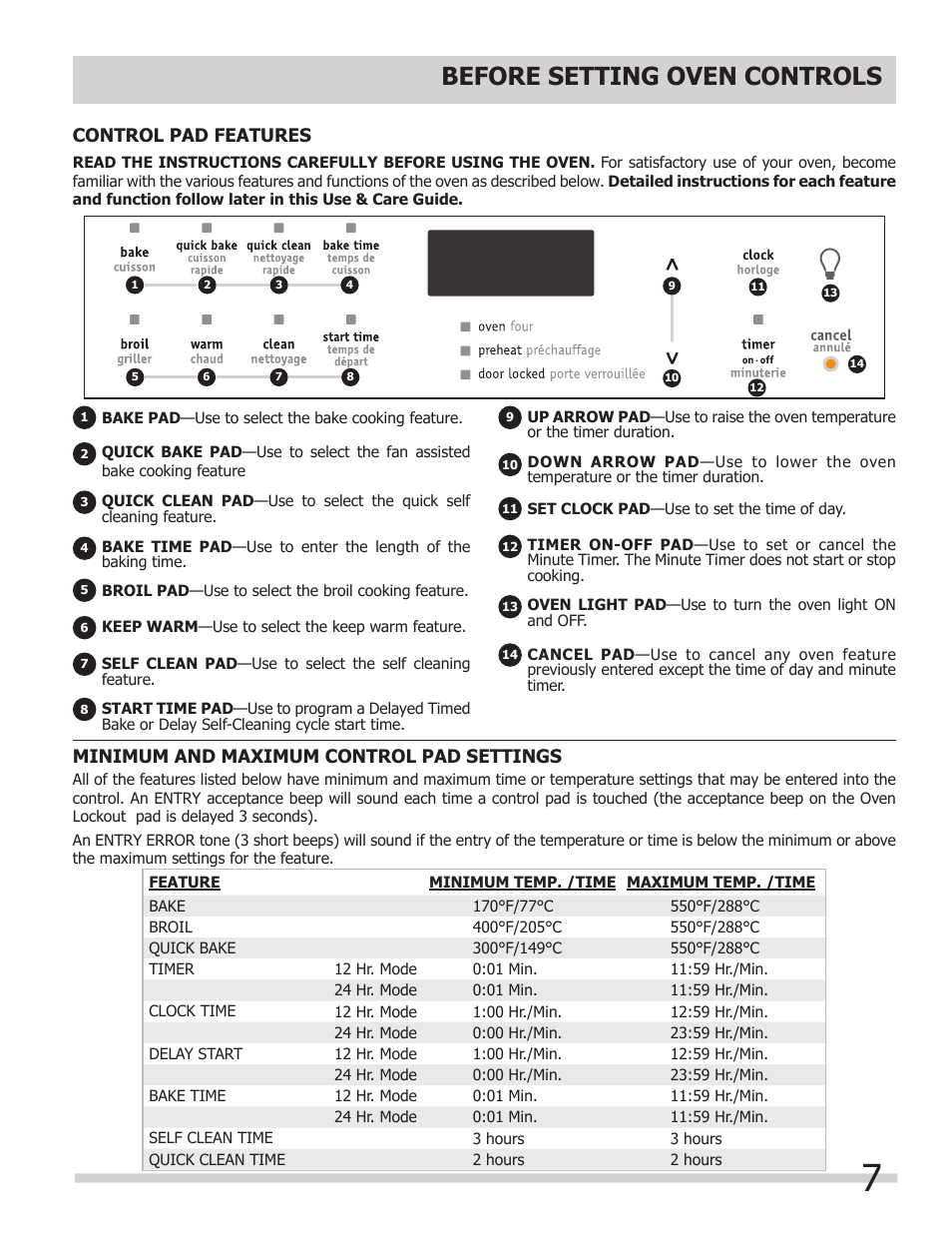 Before setting oven controls, Control pad features, Minimum and maximum control pad settings | FRIGIDAIRE 318205325 User Manual | Page 7 / 22
