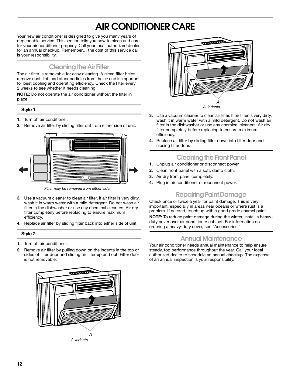 Air conditioner care, Cleaning the air filter, Cleaning the front panel | Repairing paint damage, Annual maintenance | FRIGIDAIRE 66121330 User Manual | Page 12 / 40