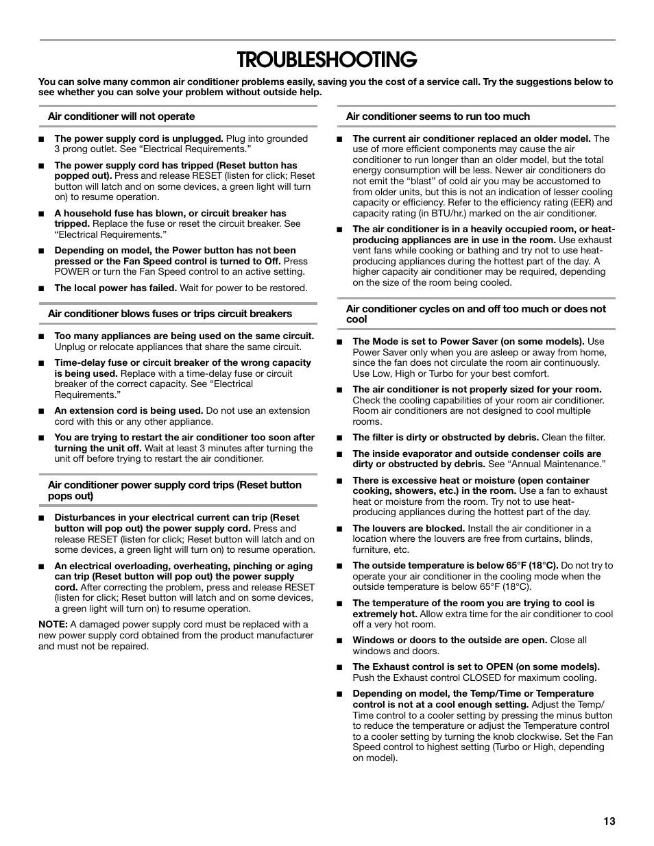 Troubleshooting | FRIGIDAIRE 66121330 User Manual | Page 13 / 40