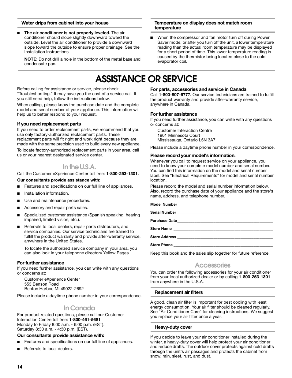 Assistance or service, Accessories | FRIGIDAIRE 66121330 User Manual | Page 14 / 40